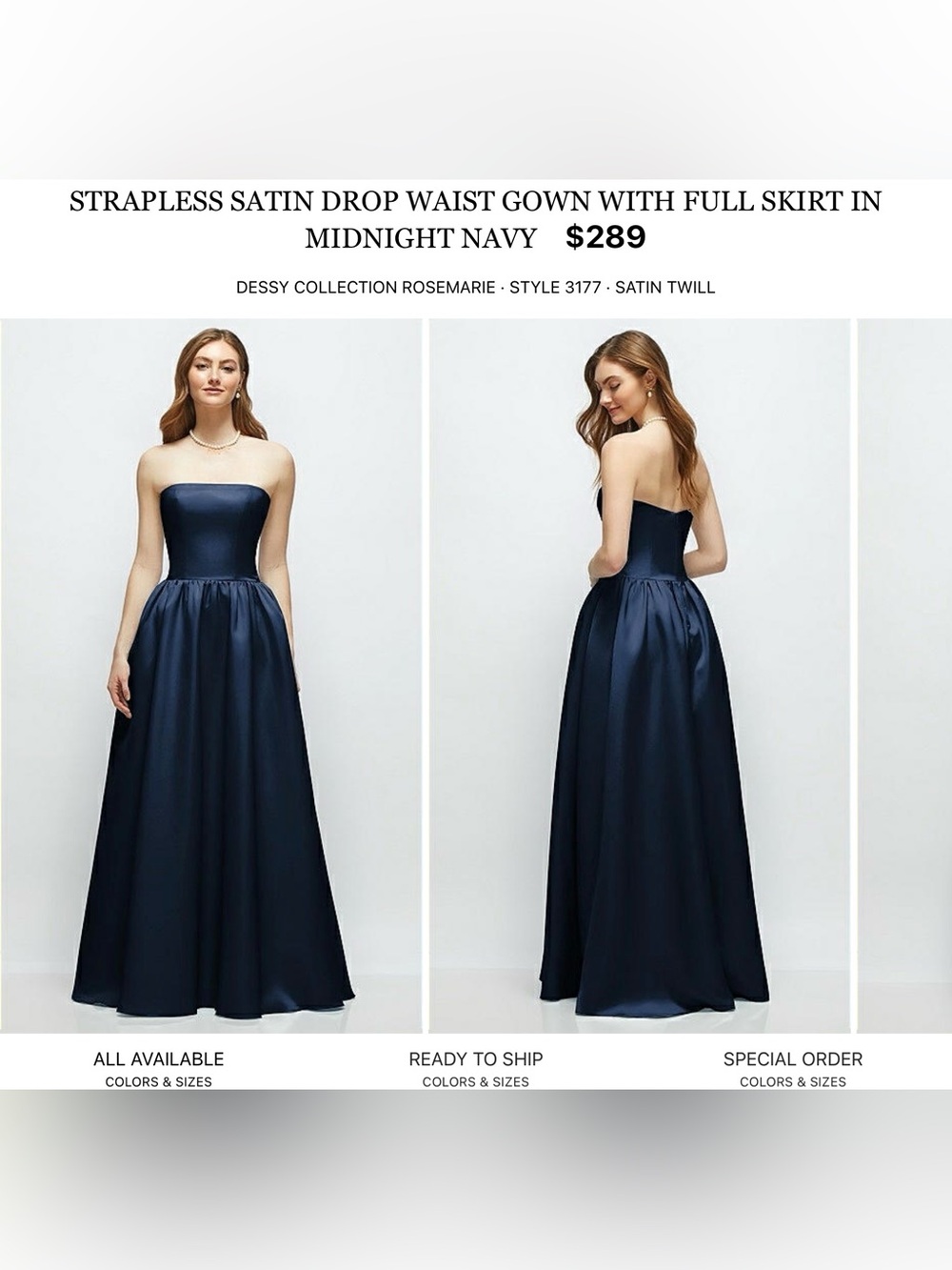 Dessy Collection Strapless Satin Drop-Waist Gown — Midnight Navy